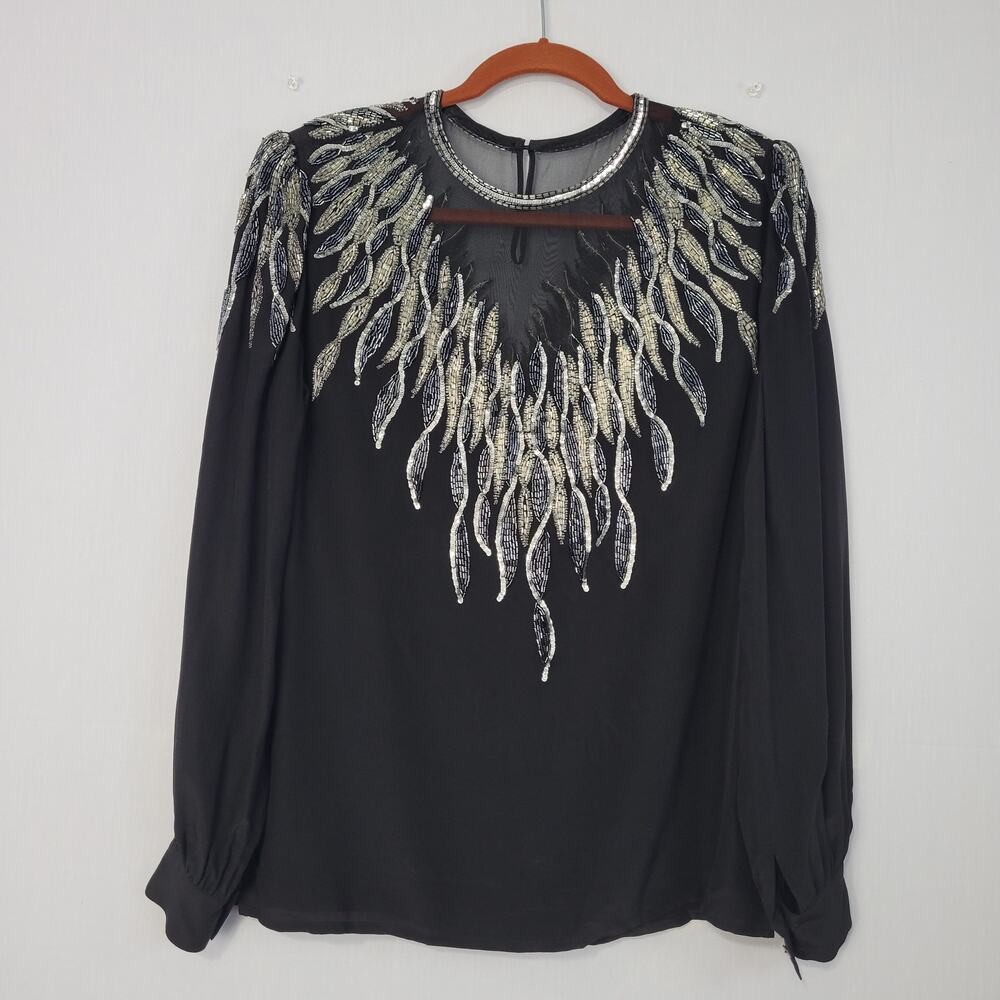 Vtg Silk Sequined Beaded Long Sleeve Top size M Black Sheer Bust Back 80s Retro